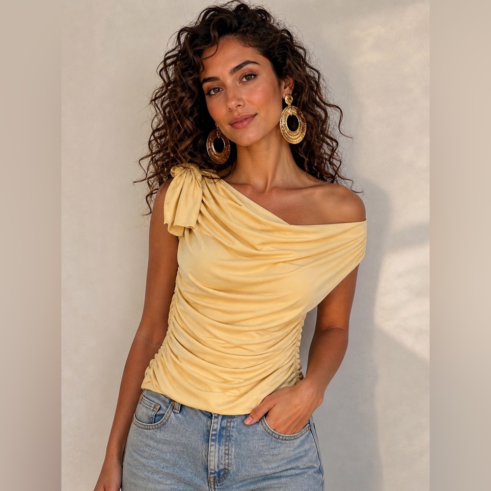 Wayf One-Shoulder Ruched Camisole in Pale Yellow